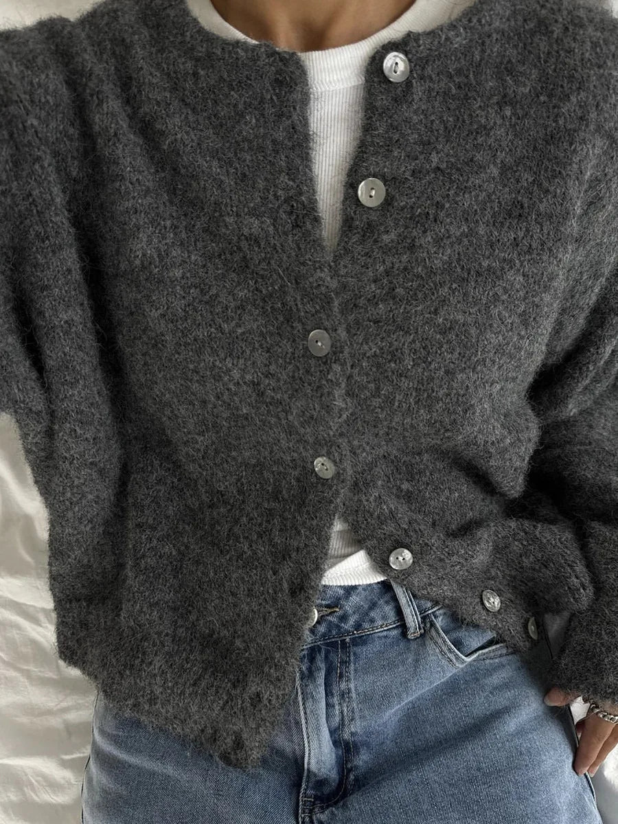 Women's Round Neck Cardigan with Long Sleeves and Buttons