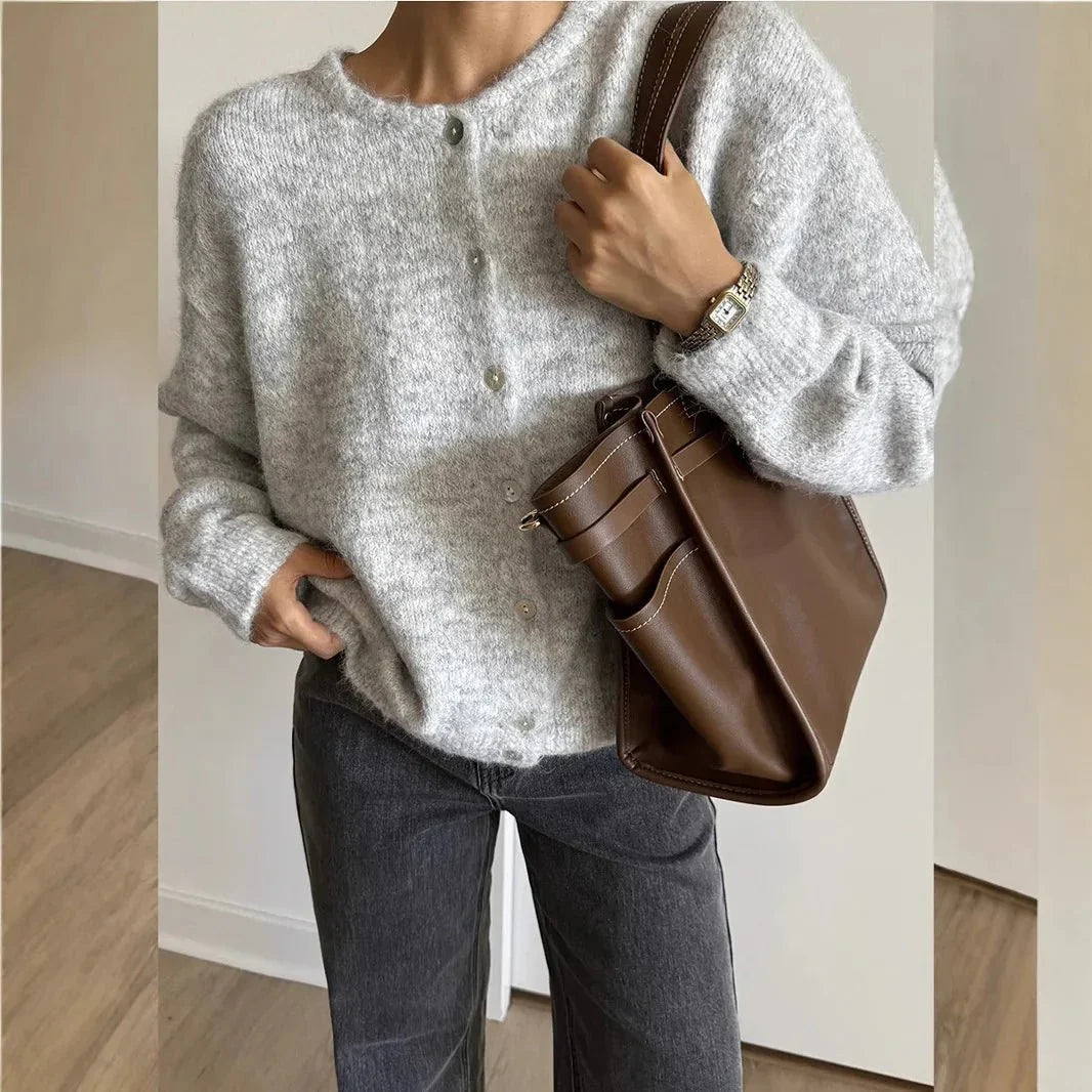 Women's Round Neck Cardigan with Long Sleeves and Buttons