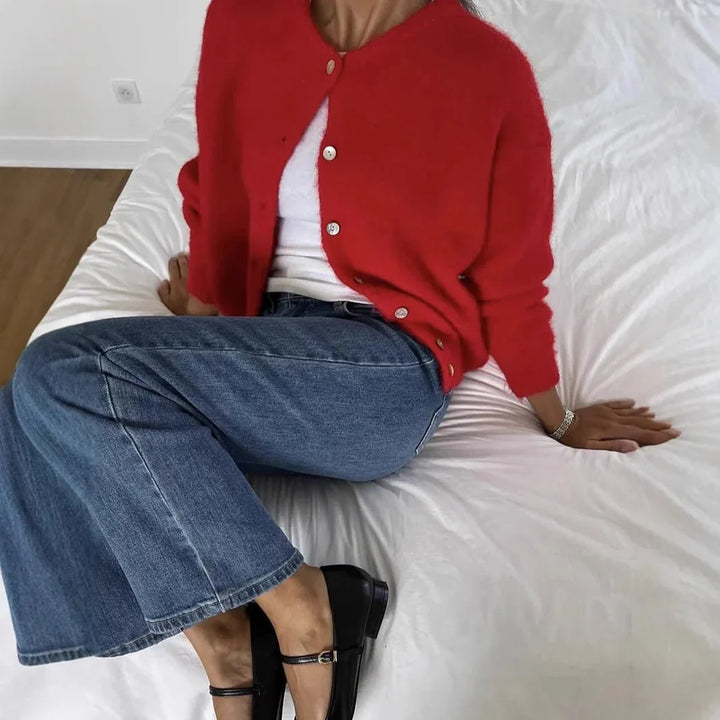 Women's Round Neck Cardigan with Long Sleeves and Buttons