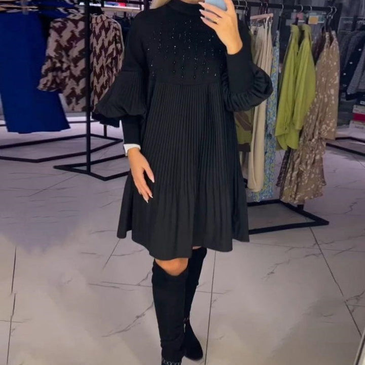 Marlene | Women's Mini Plus-Size Dress with Stand Collar and Lantern Sleeves