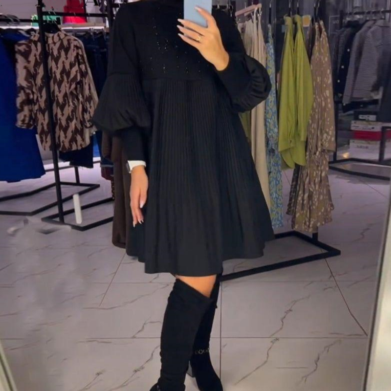 Marlene | Women's Mini Plus-Size Dress with Stand Collar and Lantern Sleeves