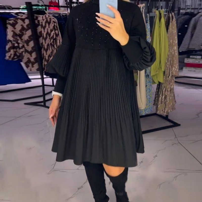 Marlene | Women's Mini Plus-Size Dress with Stand Collar and Lantern Sleeves