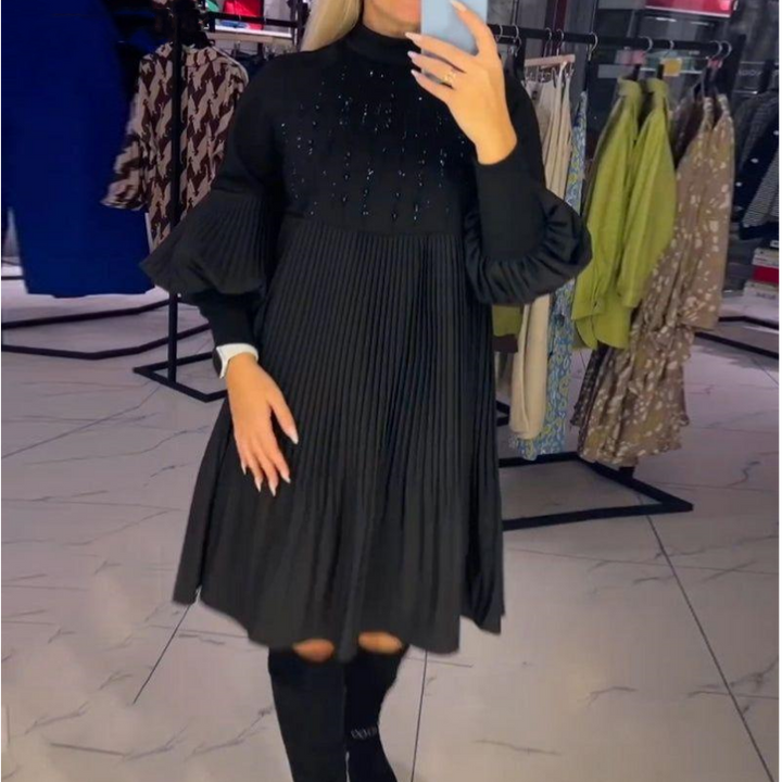 Marlene | Women's Mini Plus-Size Dress with Stand Collar and Lantern Sleeves