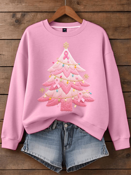 Women's Pink Christmas Tree Embroidered Sweatshirt
