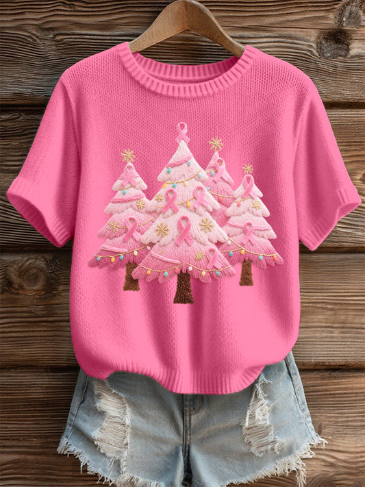 Women's Pink Christmas Tree Embroidered Cozy Knit Top