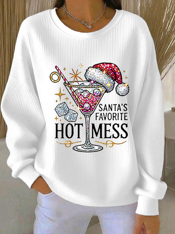 Women's Santa's Favorite Hot Mess Print Casual  Ribbed Round-Neck Sweatshirt