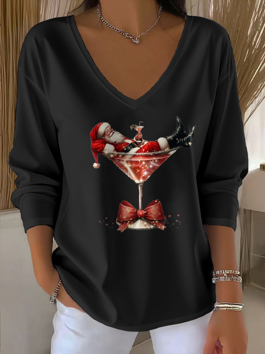 Women's Santa Claus Printed V-Neck T-Shirt
