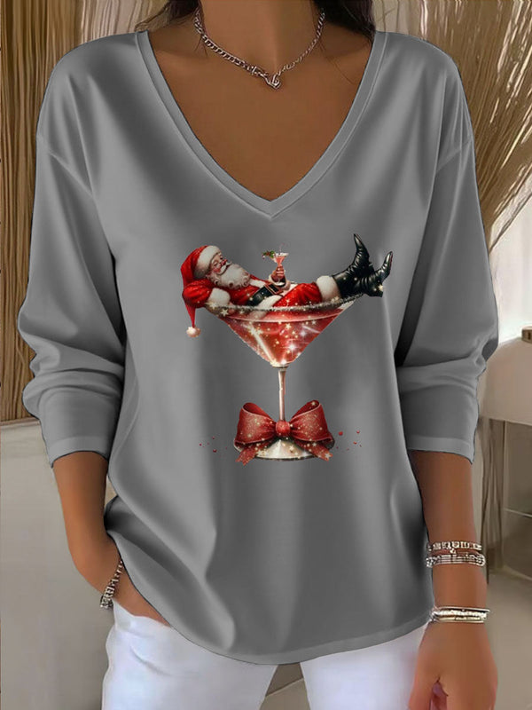 Women's Santa Claus Printed V-Neck T-Shirt