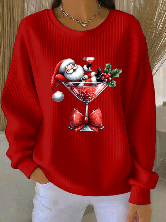 Women's Santa Claus Printed Ribbed Round-Neck Sweatshirt