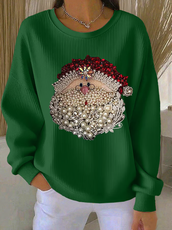 Women's Santa Claus Printed Ribbed Round-Neck Sweatshirt