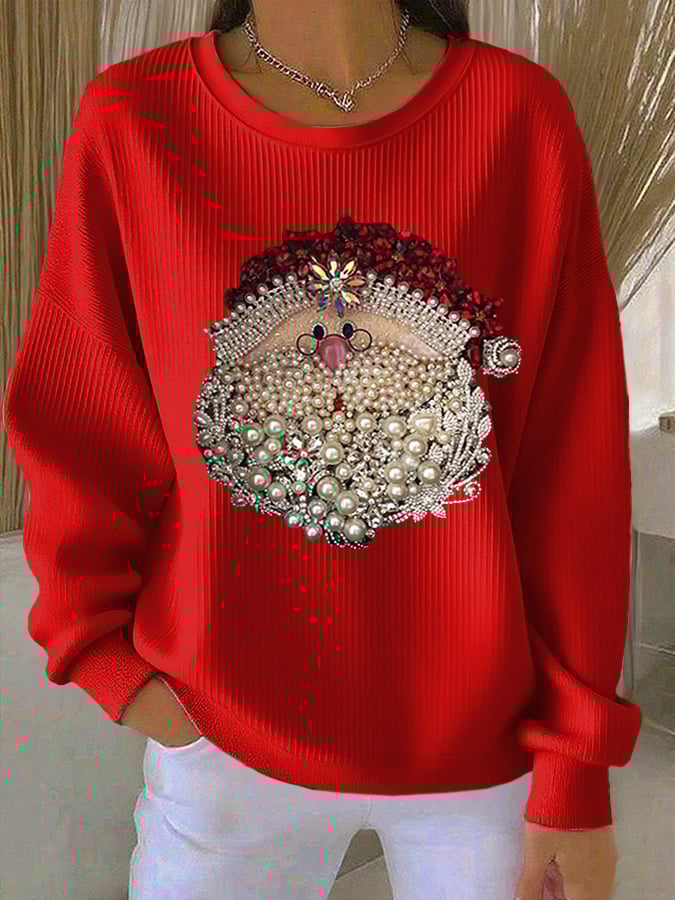 Women's Santa Claus Printed Ribbed Round-Neck Sweatshirt