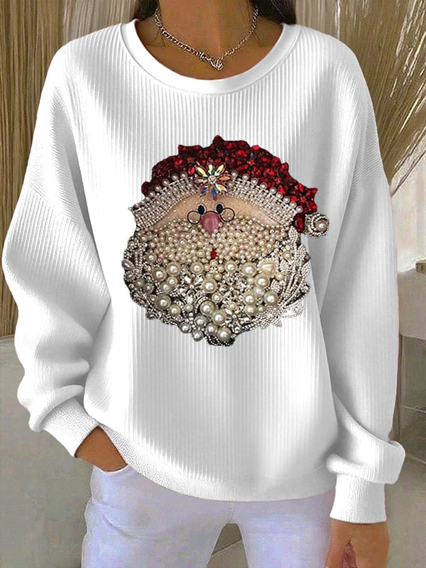 Women's Santa Claus Printed Ribbed Round-Neck Sweatshirt