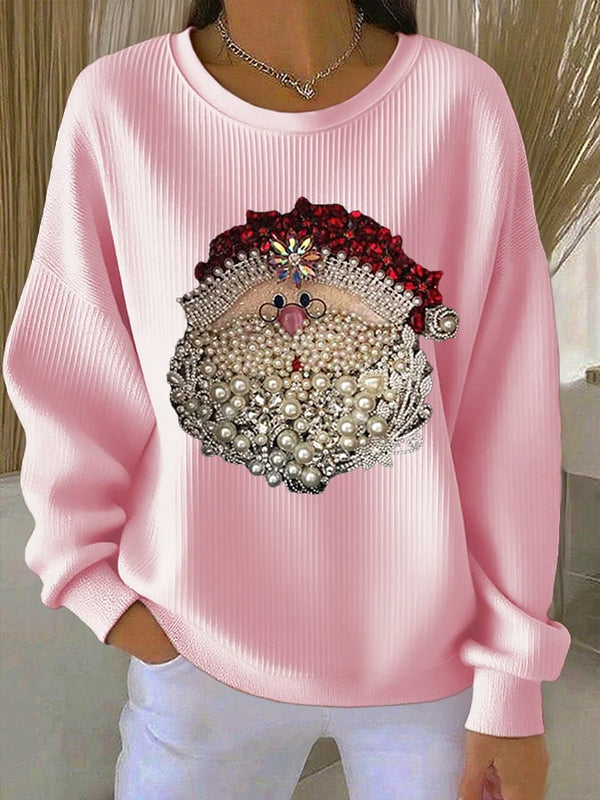 Women's Santa Claus Printed Ribbed Round-Neck Sweatshirt