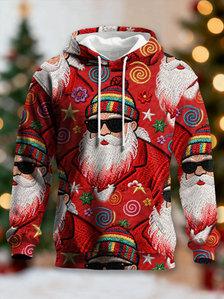 Men's Retro Groovy Hippie Santa Print Casual Hoodie with Pockets