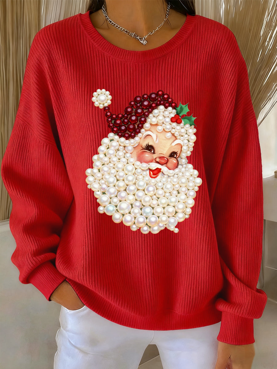 Women's Christmas Pearl Santa Claus Print Casual Sweater
