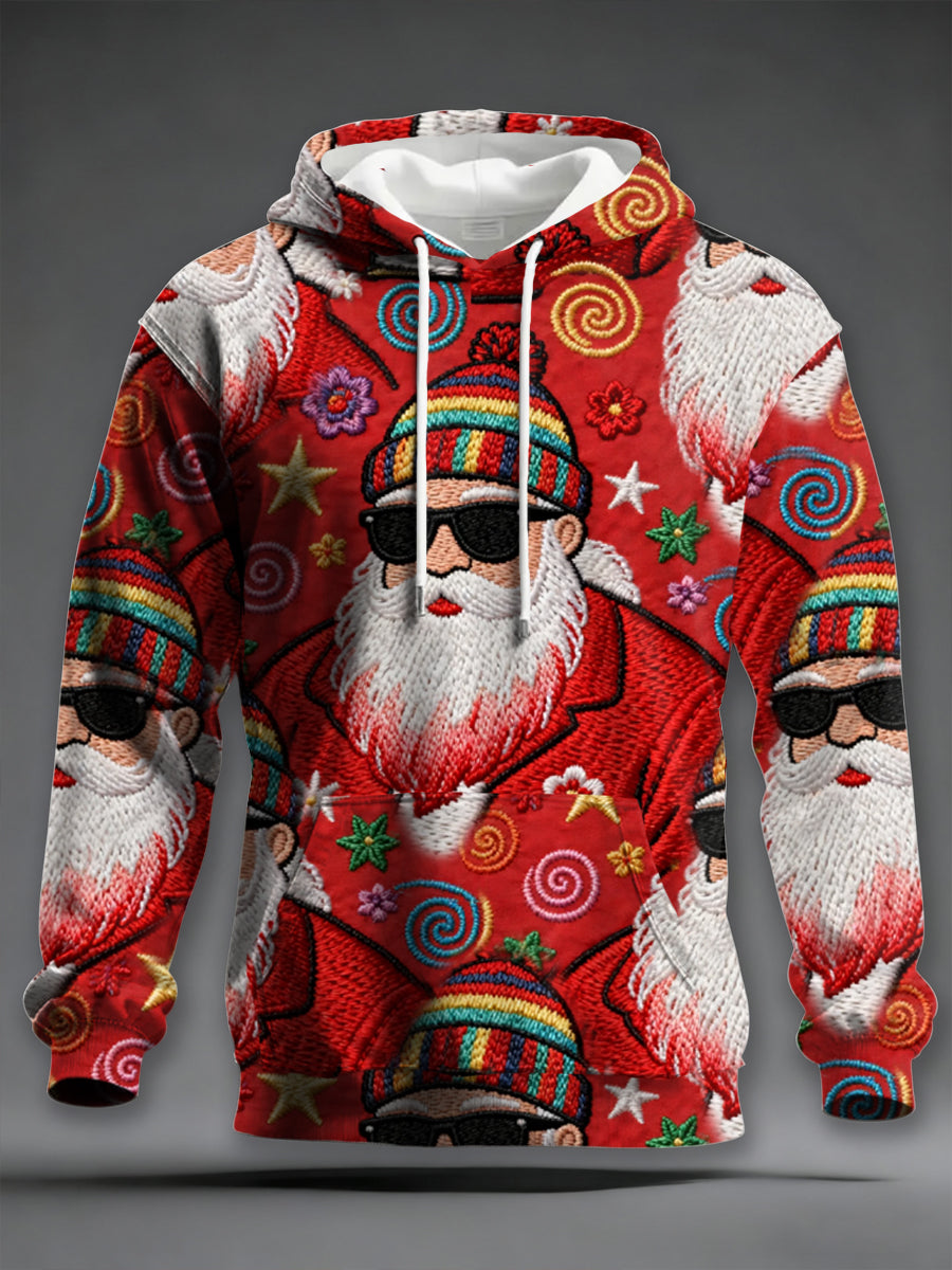 Men's Retro Groovy Hippie Santa Print Casual Hoodie with Pockets