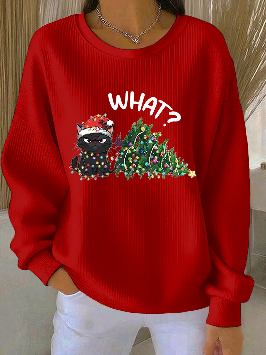 Women's Christmas Ribbed Round-Neck Sweatshirt