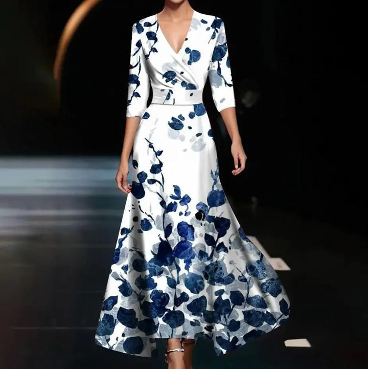 Emily | Women's Floral Printed High Waist Midi Dress with Mid Sleeves
