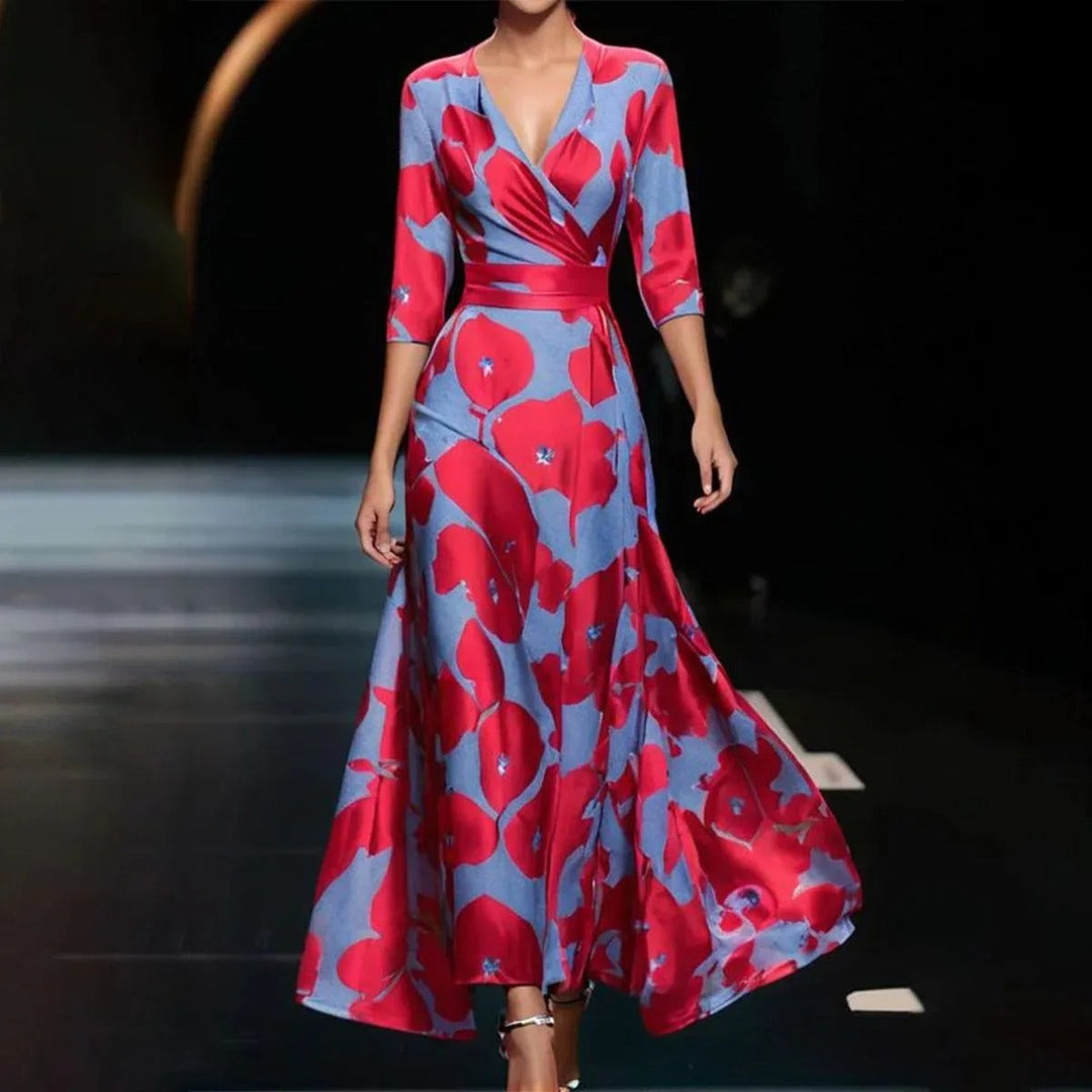 Emily | Women's Floral Printed High Waist Midi Dress with Mid Sleeves