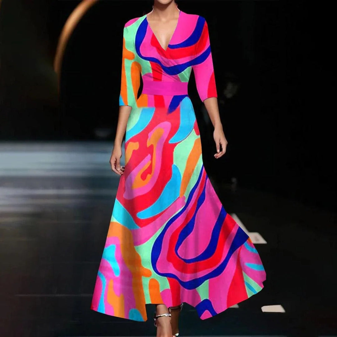 Emily | Women's Floral Printed High Waist Midi Dress with Mid Sleeves