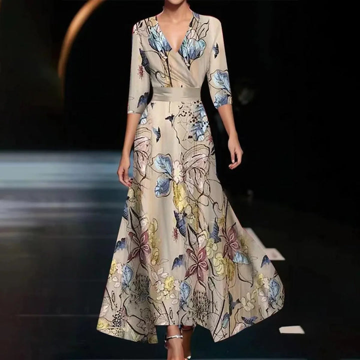 Emily | Women's Floral Printed High Waist Midi Dress with Mid Sleeves
