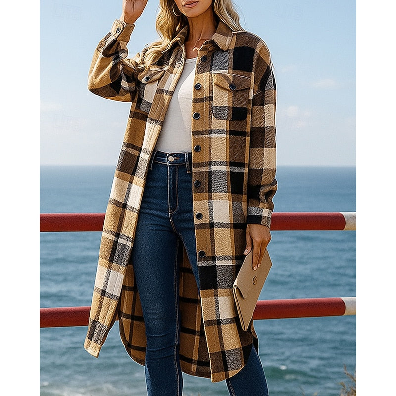 Women's Longline Checked Coat with Buttons and Pockets