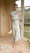 Amber™ - Elegant Satin Dress with High Neck Light Gold