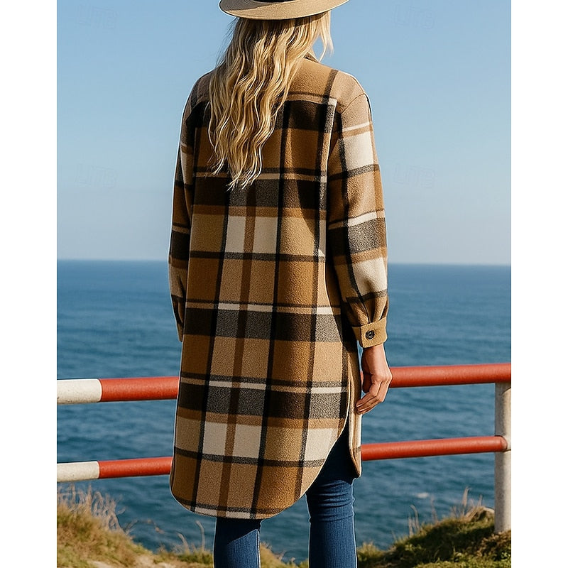 Women's Longline Checked Coat with Buttons and Pockets