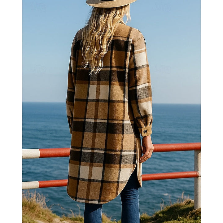 Women's Longline Checked Coat with Buttons and Pockets