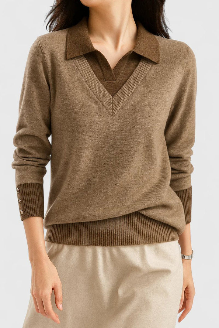 Camila | Women's V-Neck Polo Collar Pullover Sweater with Button Cuffs
