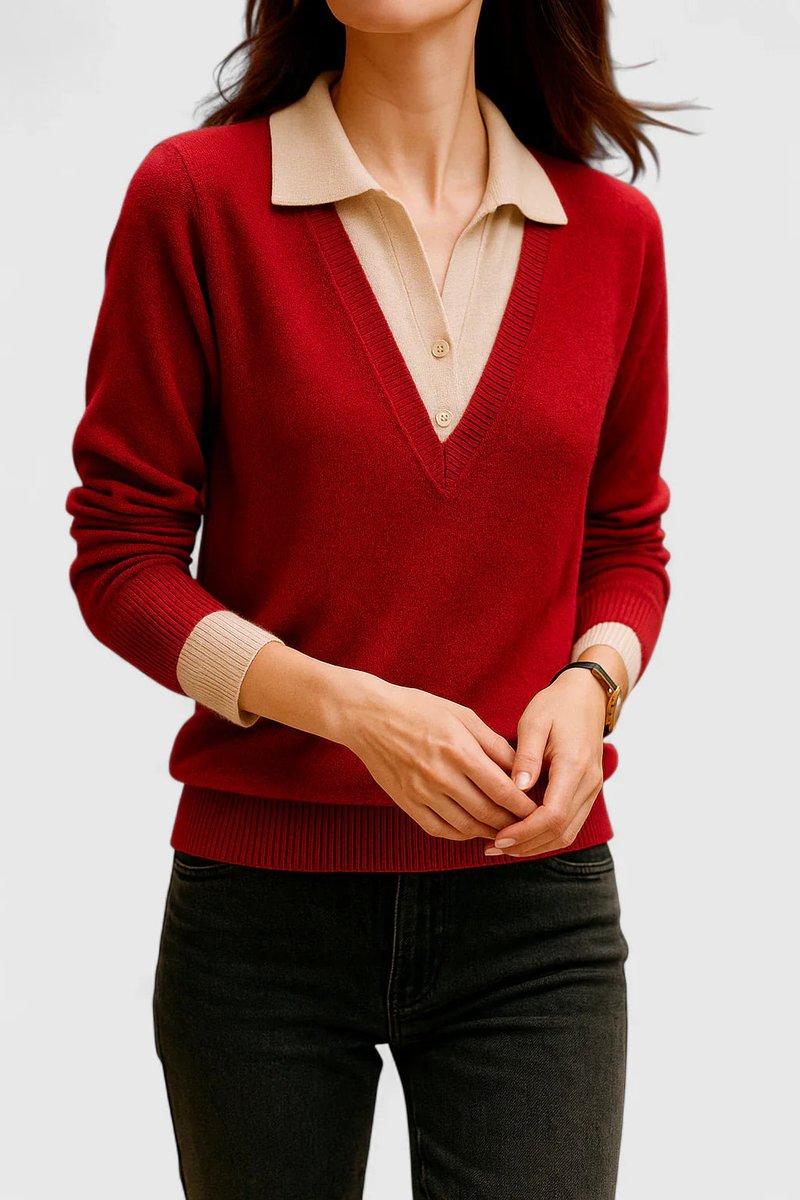 Camila | Women's V-Neck Polo Collar Pullover Sweater with Button Cuffs