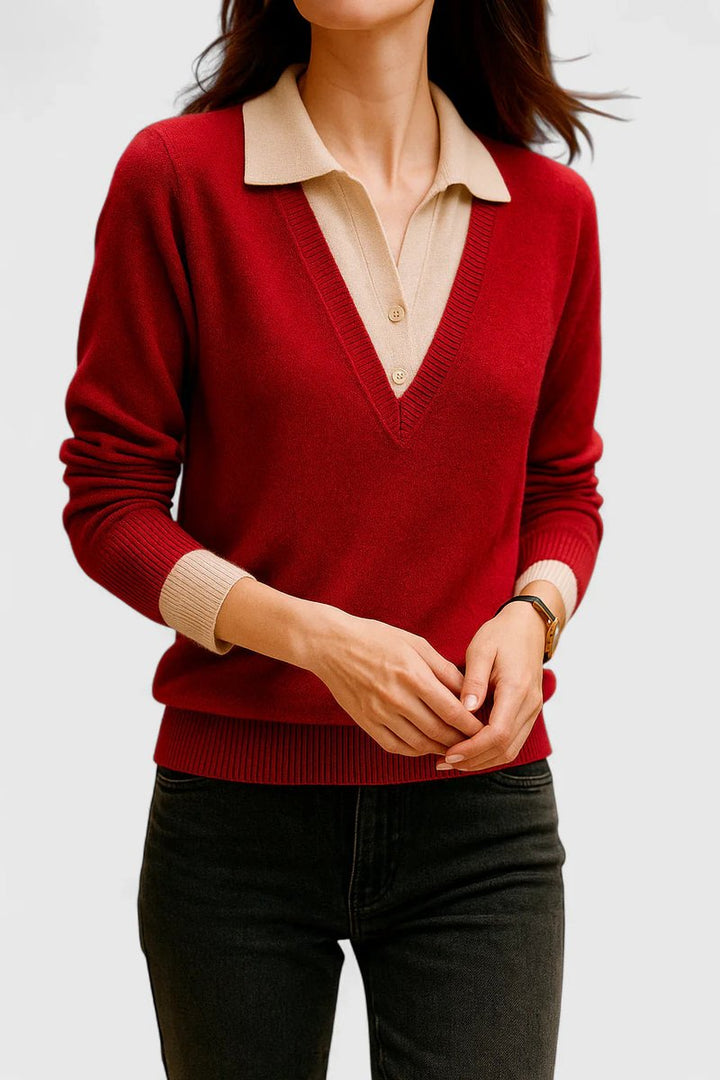 Camila | Women's V-Neck Polo Collar Pullover Sweater with Button Cuffs