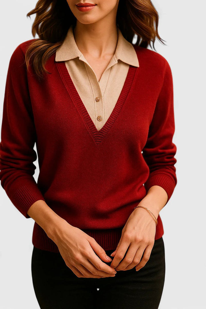 Camila | Women's V-Neck Polo Collar Pullover Sweater with Button Cuffs