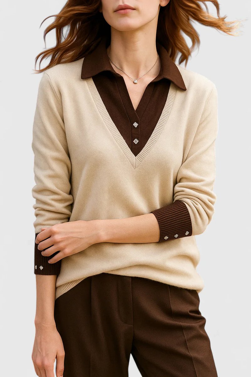 Camila | Women's V-Neck Polo Collar Pullover Sweater with Button Cuffs