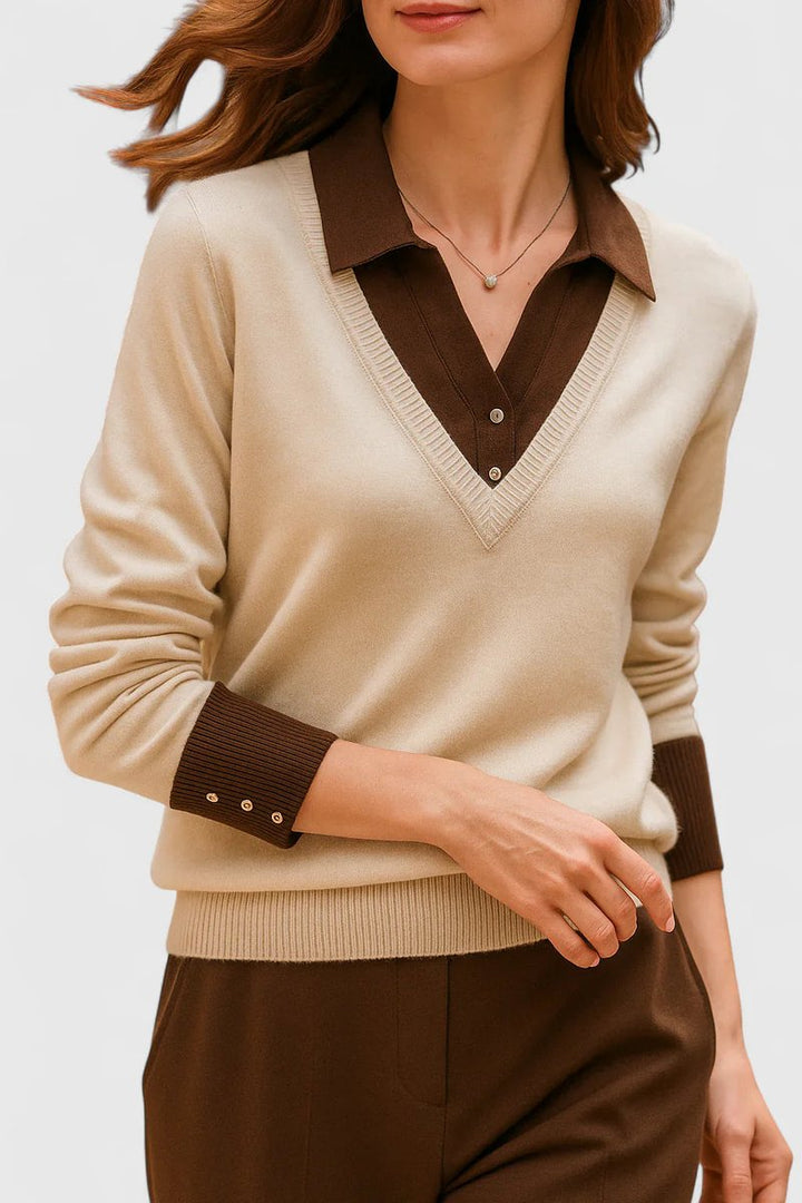 Camila | Women's V-Neck Polo Collar Pullover Sweater with Button Cuffs