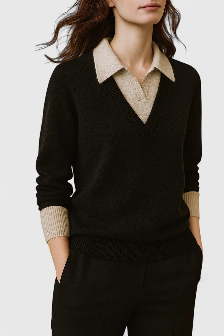 Camila | Women's V-Neck Polo Collar Pullover Sweater with Button Cuffs
