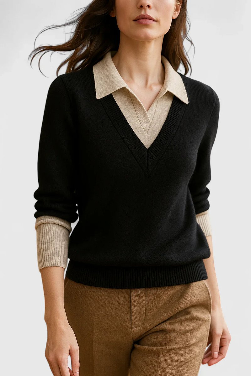 Camila | Women's V-Neck Polo Collar Pullover Sweater with Button Cuffs