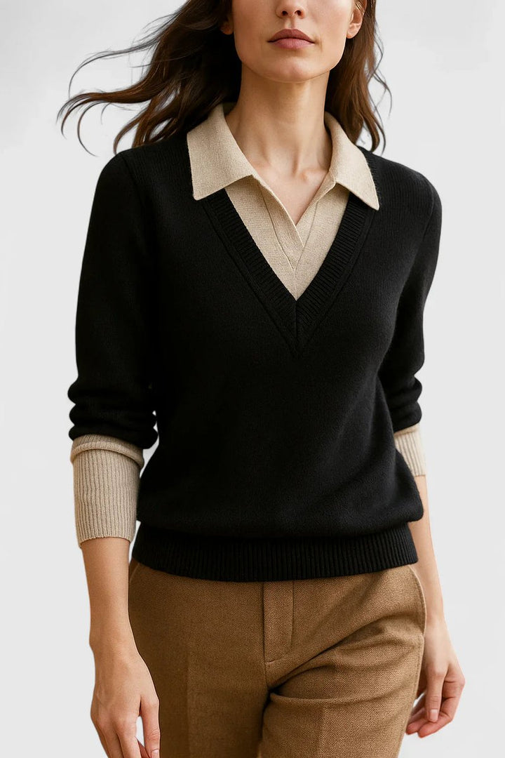 Camila | Women's V-Neck Polo Collar Pullover Sweater with Button Cuffs
