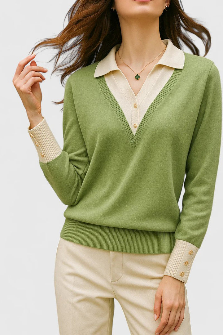 Camila | Women's V-Neck Polo Collar Pullover Sweater with Button Cuffs