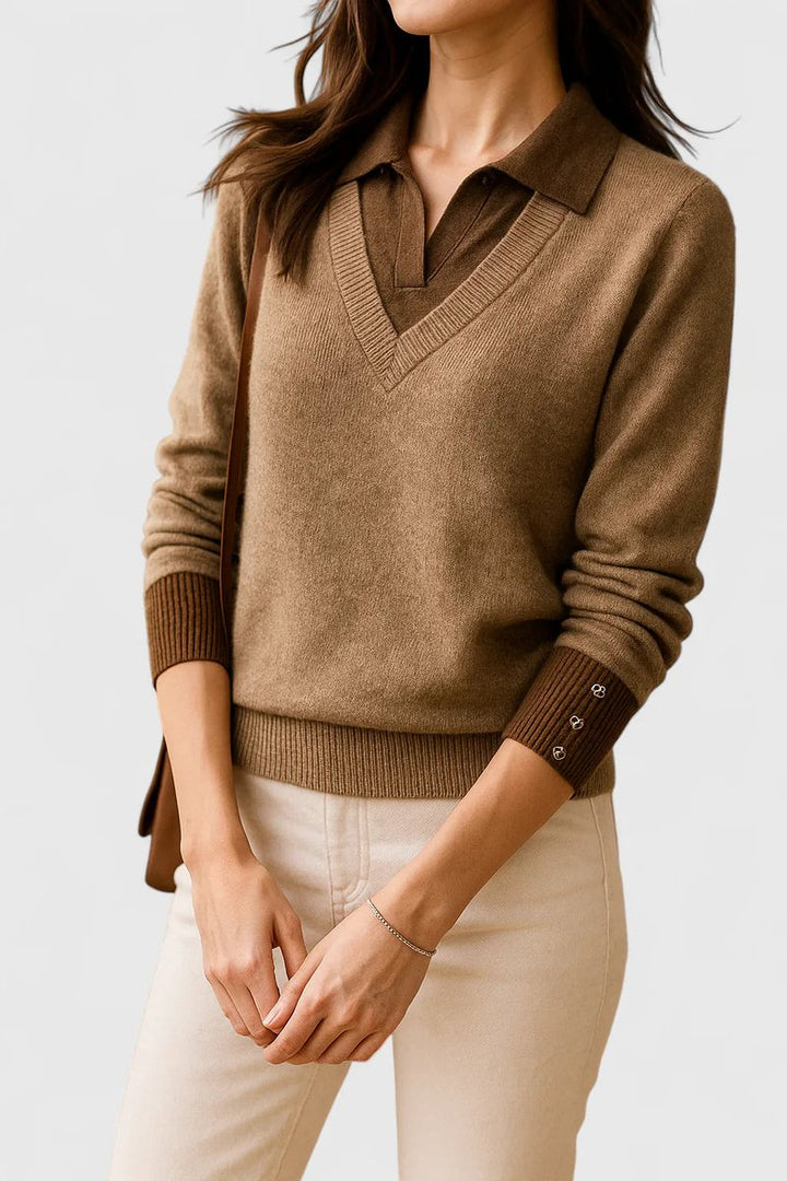 Camila | Women's V-Neck Polo Collar Pullover Sweater with Button Cuffs