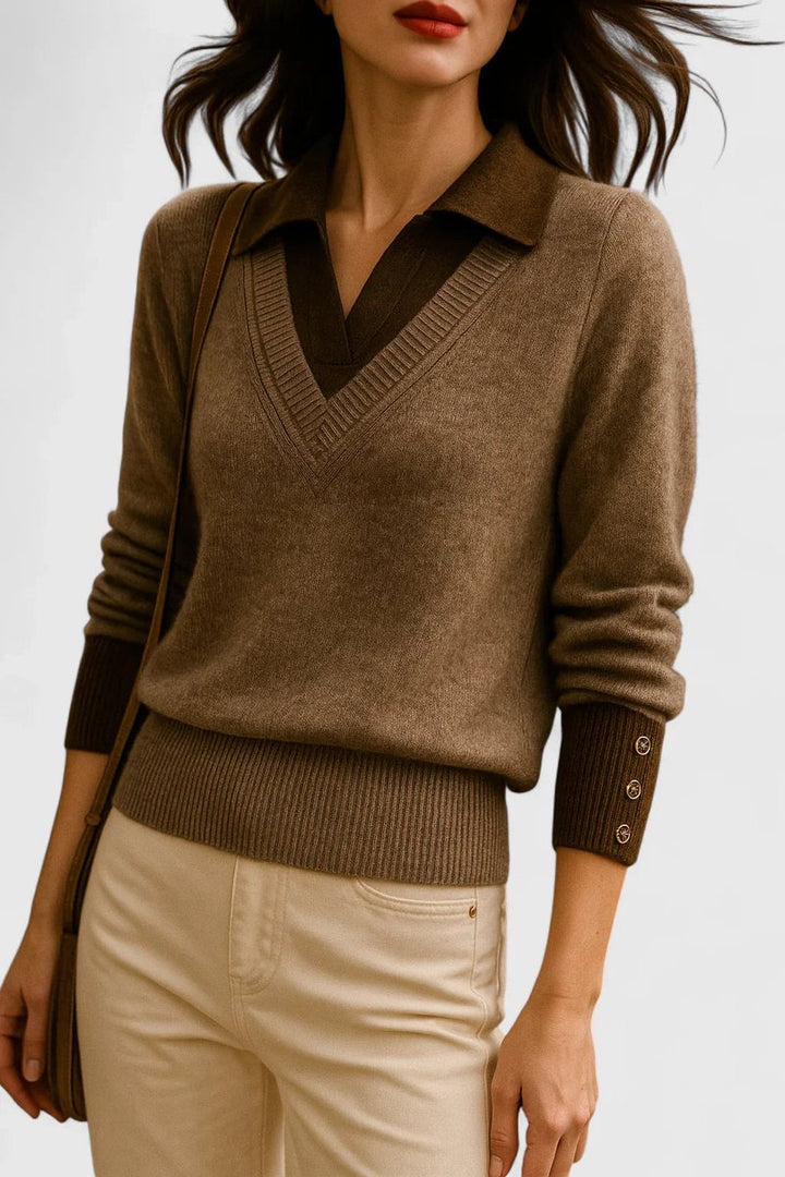 Camila | Women's V-Neck Polo Collar Pullover Sweater with Button Cuffs
