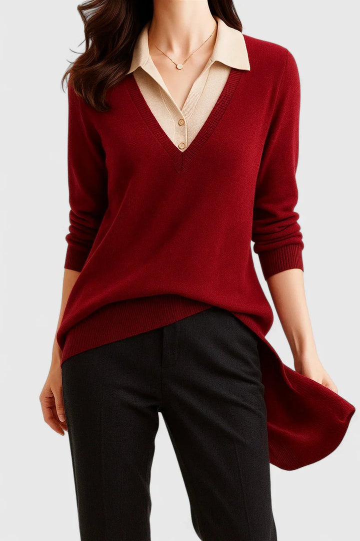 Camila | Women's V-Neck Polo Collar Pullover Sweater with Button Cuffs