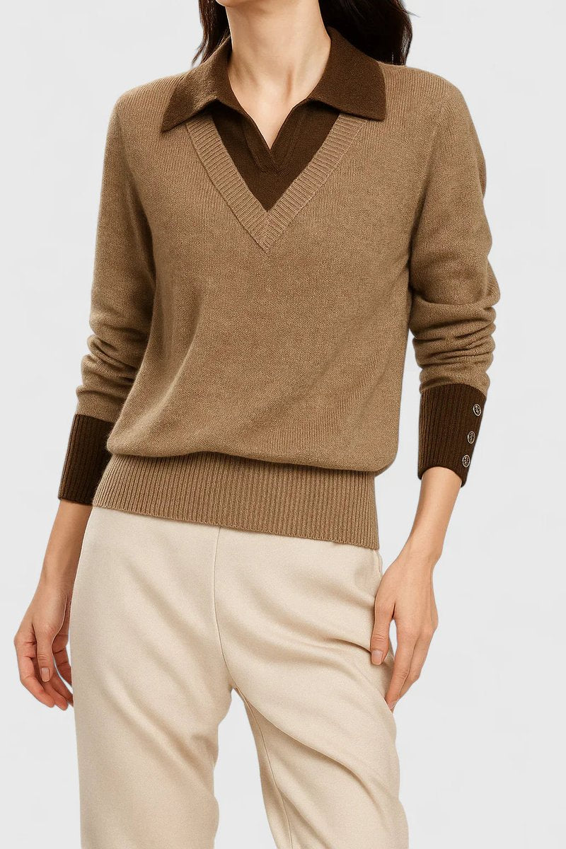 Camila | Women's V-Neck Polo Collar Pullover Sweater with Button Cuffs