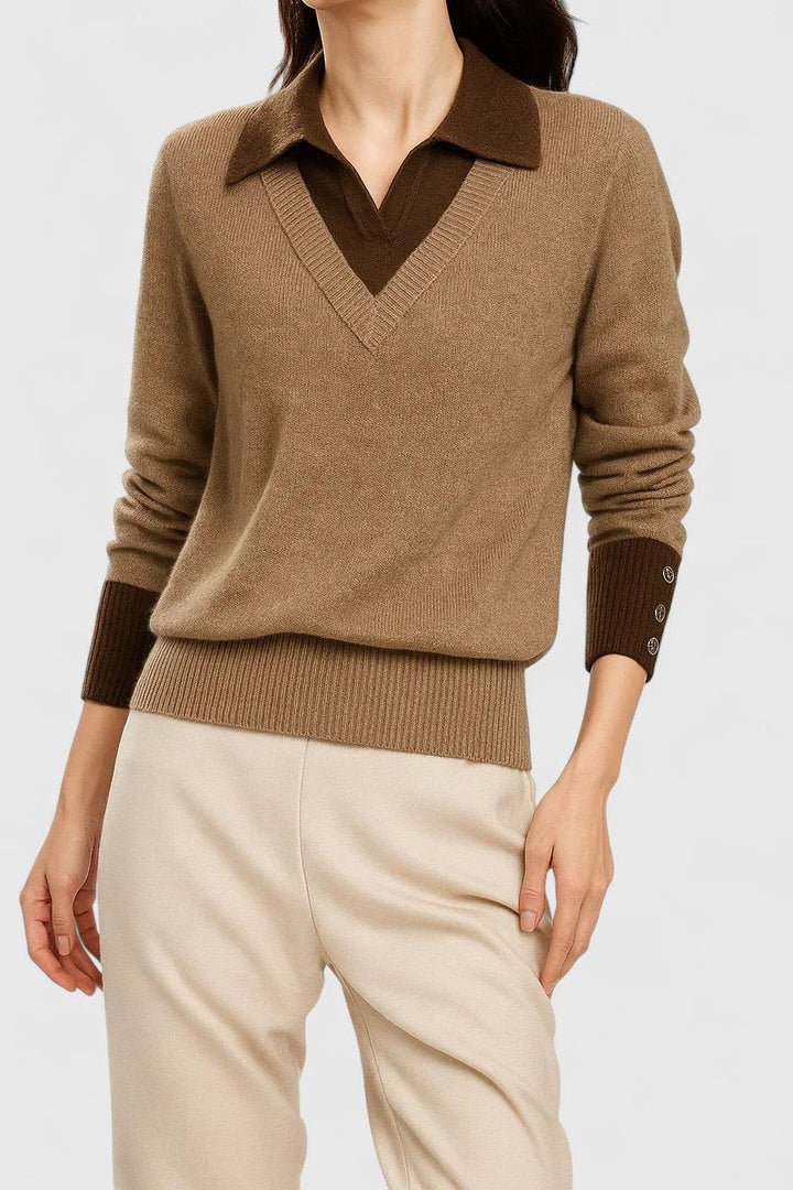 Camila | Women's V-Neck Polo Collar Pullover Sweater with Button Cuffs