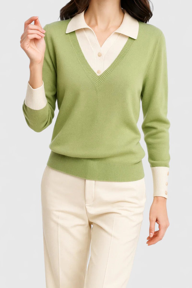 Camila | Women's V-Neck Polo Collar Pullover Sweater with Button Cuffs