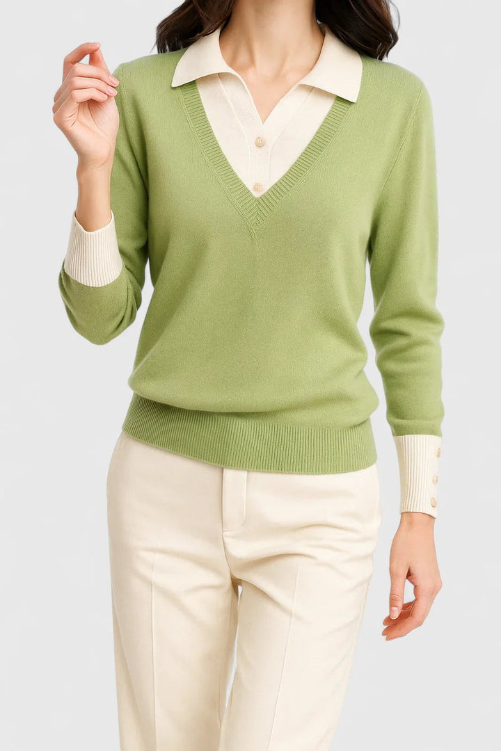 Camila | Women's V-Neck Polo Collar Pullover Sweater with Button Cuffs