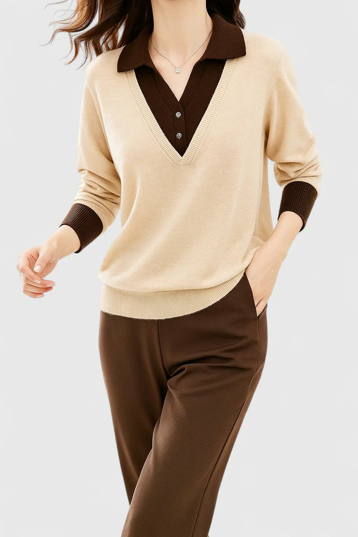 Camila | Women's V-Neck Polo Collar Pullover Sweater with Button Cuffs