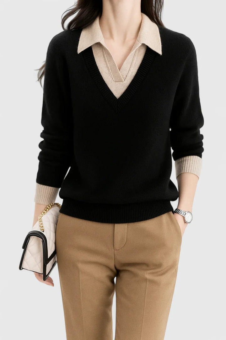 Camila | Women's V-Neck Polo Collar Pullover Sweater with Button Cuffs