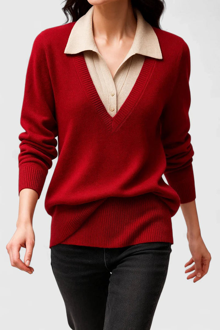 Camila | Women's V-Neck Polo Collar Pullover Sweater with Button Cuffs