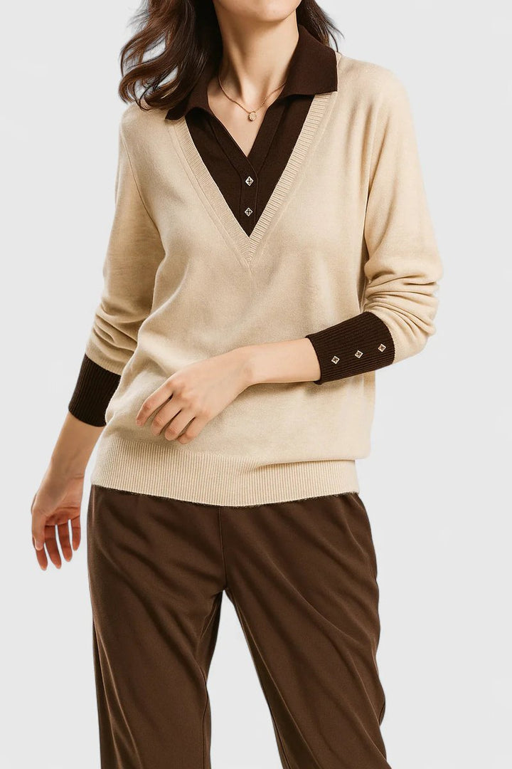 Camila | Women's V-Neck Polo Collar Pullover Sweater with Button Cuffs